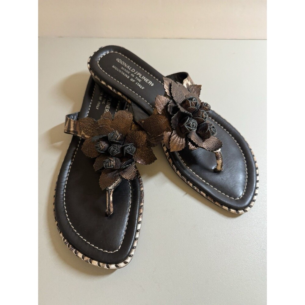 Donald J Pliner Ginia Women's Leather Sandals Bronze Floral Embellishment 8.5